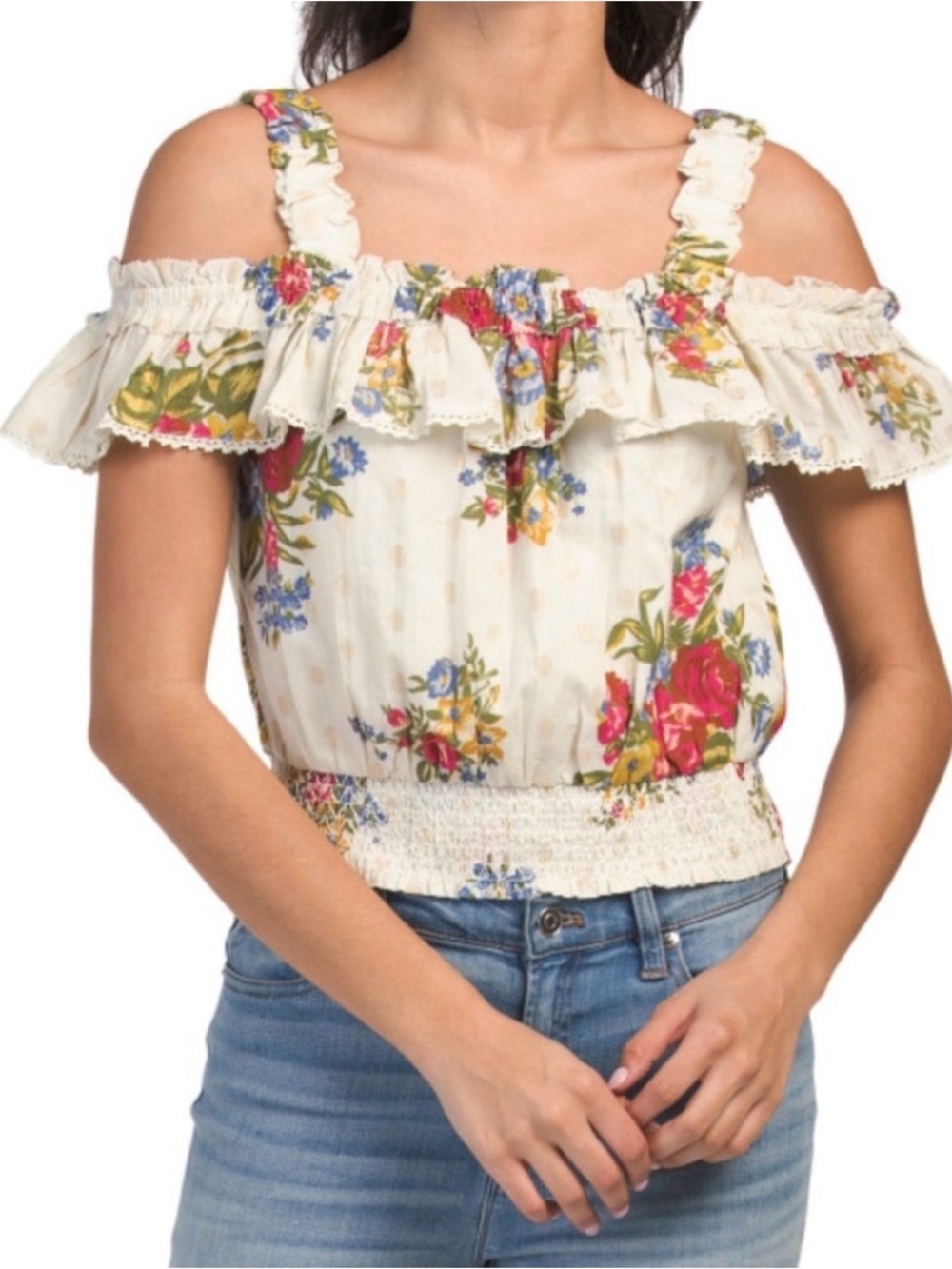 House of Harlow 1960 "Helena" Off-Shoulder Ivory Floral Print Top 100% Cotton M